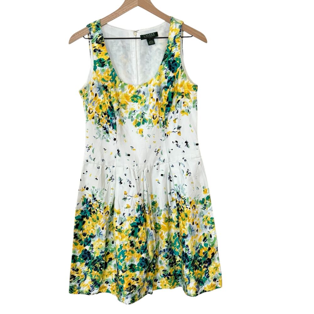 Lauren Ralph Lauren White Yellow Watercolor Floral Spring Midi Dress Size 4